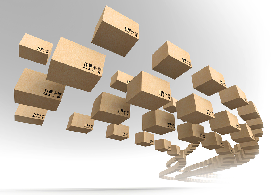 Stream Of Flying Cardboard Boxes. Fast Accuracy Delivery Metapho